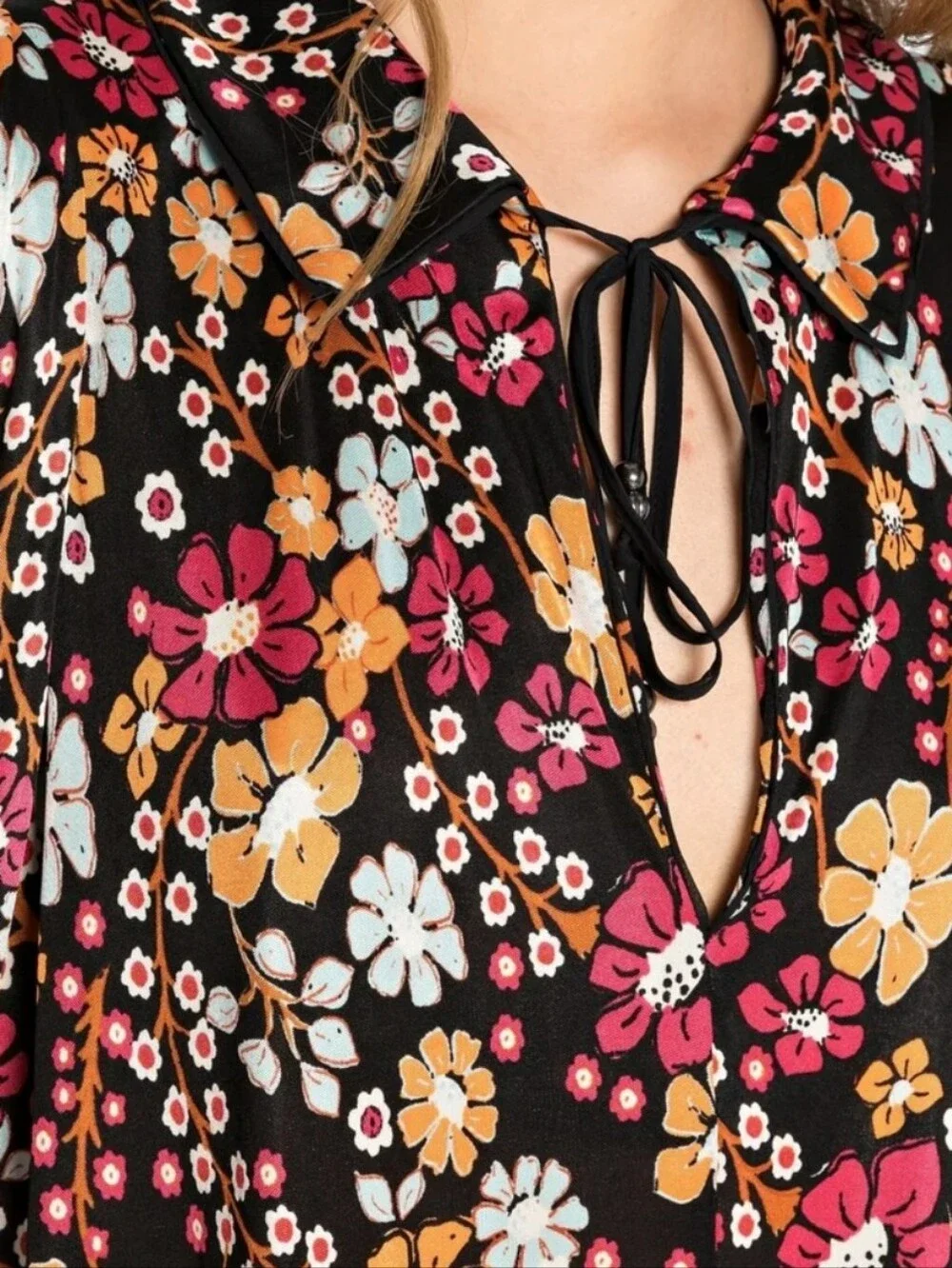 Free People Black Floral Shift Dress with Pink and Orange Blooms
